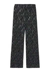 Pantalon noir à larges jambes avec un motif zigzag scintillant en vert et argent. Doté d'une ceinture élastique pour le confort et une facilité d'enfilage.
