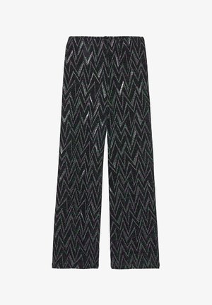 Pantalon noir à larges jambes avec un motif zigzag scintillant en vert et argent. Doté d'une ceinture élastique pour le confort et une facilité d'enfilage.