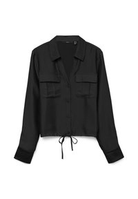 Schwarzes, kurz geschnittenes Hemd mit Knopfleiste, glatter Textur, zwei vorderen Taschen und Kordelzug am Saum. Mit langen Ärmeln und klassischem Kragen.