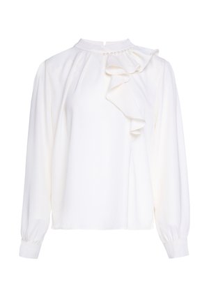 Witte blouse met lange mouwen, hoge hals, pareldetail bij de kraag en een vallende ruches aan de rechter voorkant.