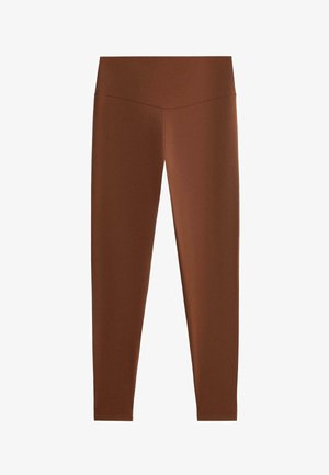 Hnedé legíny s vysokým pásom a širokým pásom, priliehavé s nohavicami na celú dĺžku, zobrazené na bielom pozadí.