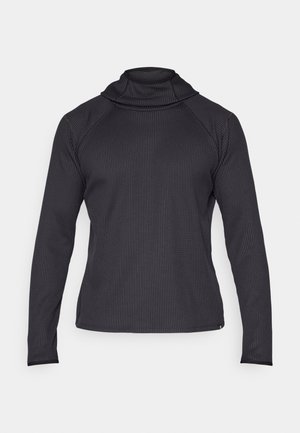 Long-sleeve, dark gray top with a high collar, textured fabric, and slightly fitted design. Features raglan sleeves and a smooth hem.