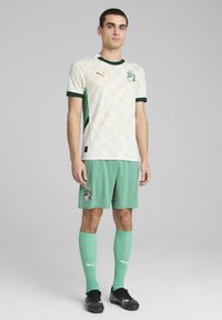 Conjunto de fútbol que presenta una camiseta blanca con un patrón abstracto, pantalones cortos verdes y calcetas verdes a juego. Acentuado por el logo de Puma y el escudo del equipo.