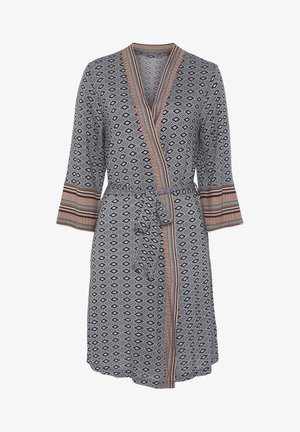 Black and white patterned robe with a wrap design, featuring a tie waist, bell sleeves, and colored stripes along the borders.