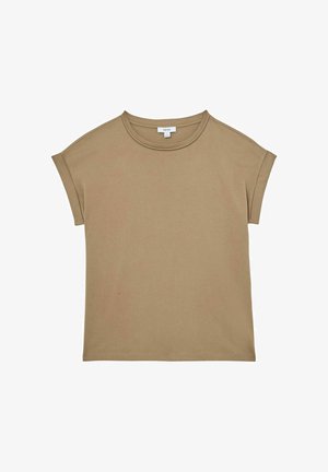 Šviesiai rudos spalvos trumpomis rankovėmis marškinėliai su apvalia apykakle ir susukti rankogaliai, pateikti plokščiai ant baltos fono.