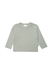 Hellgrünes Langarmshirt aus weicher Baumwolle, mit einem runden Halsauschnitt und Druckknopfdetail an einer Schulter sowie gerippten Bündchen.