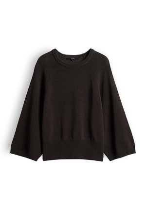 Pull en tricot noir avec manches larges, col rond côtelé, poignets et ourlet, présenté sur fond blanc.