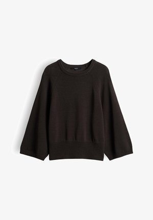 Pull en tricot noir avec manches larges, col rond côtelé, poignets et ourlet, présenté sur fond blanc.