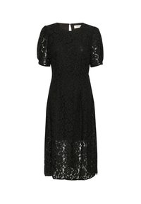 Black dress with floral lace overlay, short puff sleeves, round neckline, and a keyhole closure at the back. A-line silhouette, knee-length.