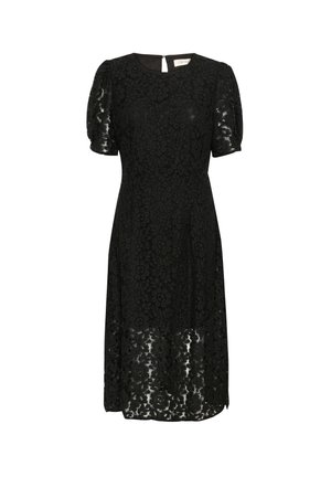 Vestido negro con superposición de encaje floral, mangas cortas abullonadas, cuello redondo y cierre en forma de ojal en la parte posterior. Silueta en A, hasta la rodilla.