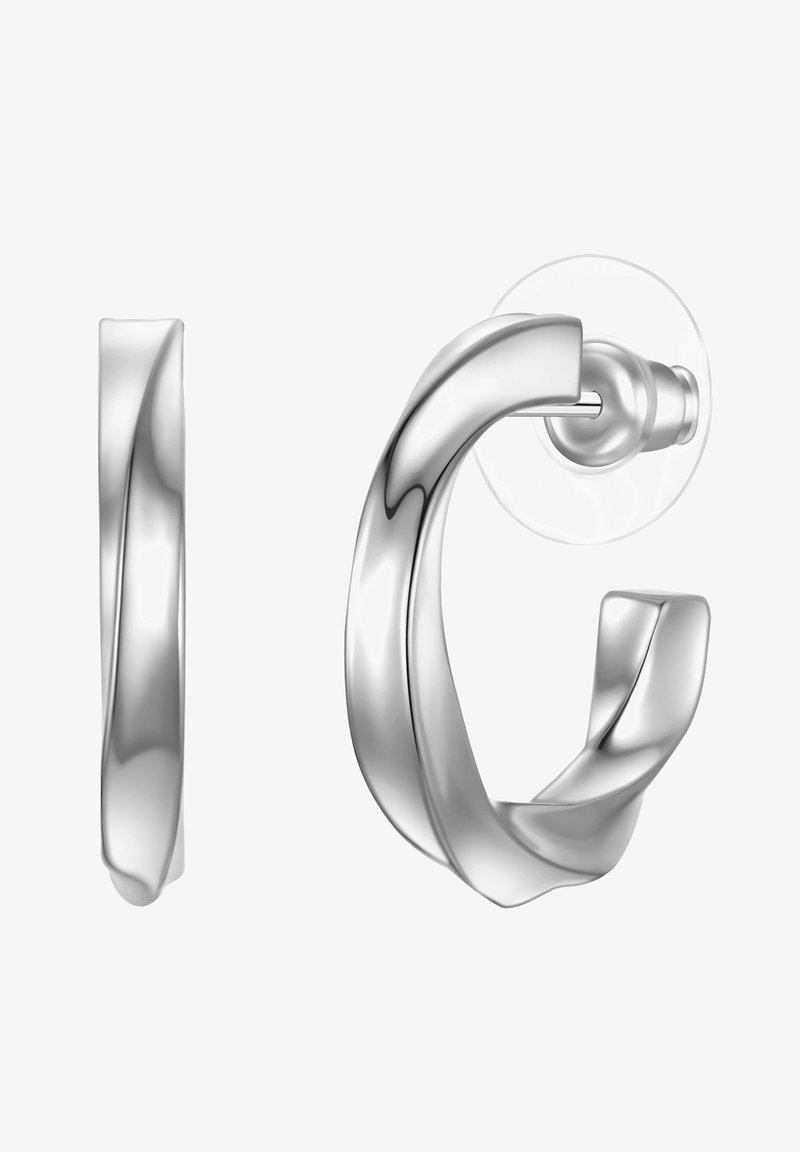 Hõbedane keeratud rõngasõlg, millel on sile ja poleeritud viimistlus. Näitab kaarjasid kujundeid ja läbipaistvat tagapinda. Kerge disain.