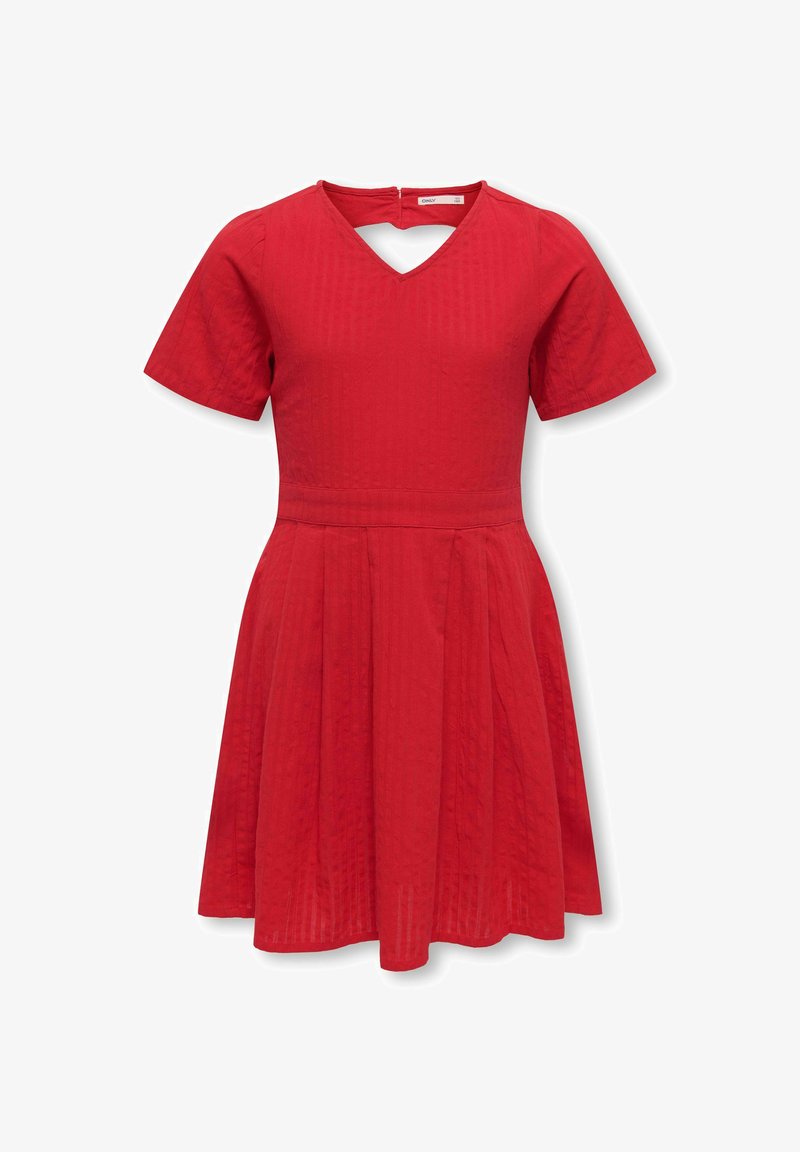Robe rouge à manches courtes avec col en V, taille cintrée, jupe plissée et petite ouverture en forme de goutte d'eau au niveau de la nuque à l'arrière.