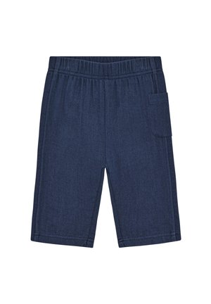 Granatowe szorty dla małego dziecka z elastycznym pasem i małą boczną kieszonką na prawej nogawce.