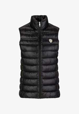 Schwarze, gepolsterte Weste aus glänzendem, gesteppem Material. Hoher Kragen, Reißverschluss an der Front und Logo-Akzent im linken Brustbereich. Leicht und ärmellos.