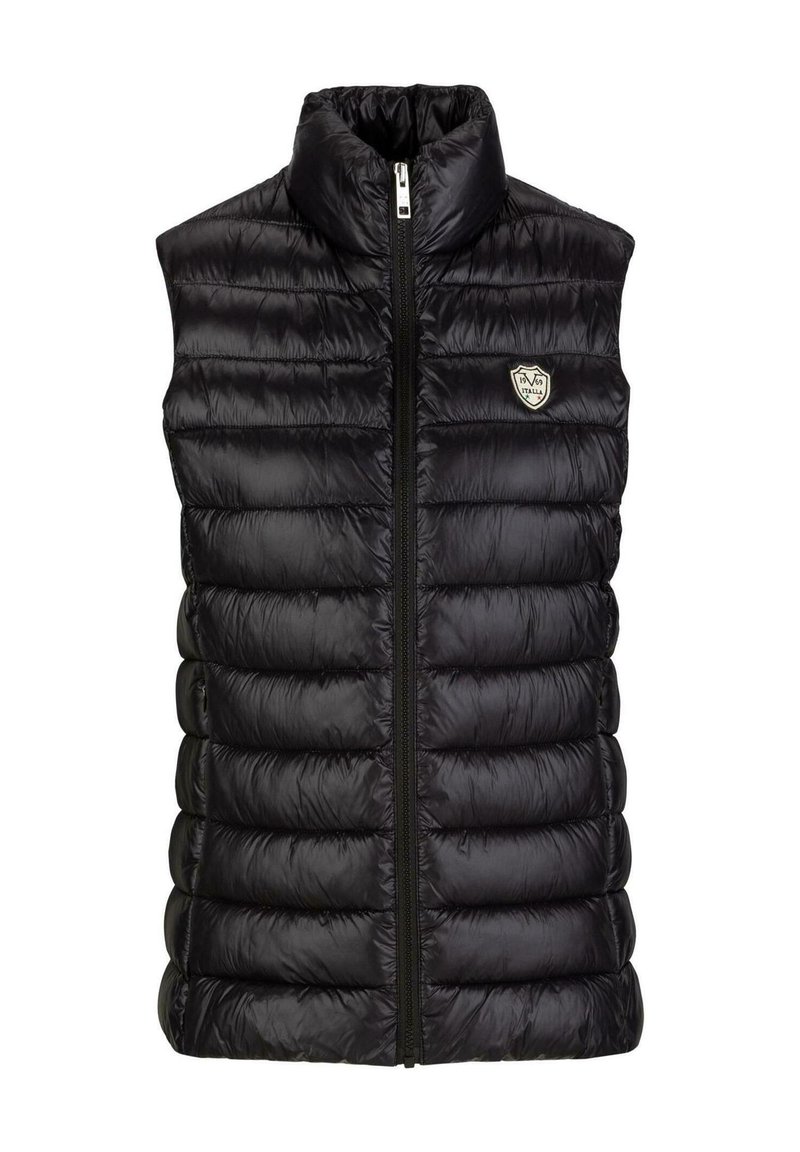 Schwarze, gepolsterte Weste aus glänzendem, gesteppem Material. Hoher Kragen, Reißverschluss an der Front und Logo-Akzent im linken Brustbereich. Leicht und ärmellos.