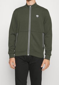 Grön zip-up sweatshirt med hög krage, vita ränder på ärmarna och en sköld-logotyp på bröstet. Slätt tyg, normal passform.