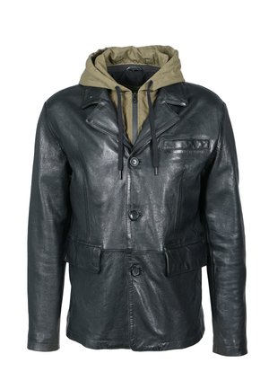 Zwarte leren jas met een gestructureerd ontwerp, voorzien van een groene capuchon en trekkoorden, sluiting met knopen aan de voorzijde en twee zijzakken.