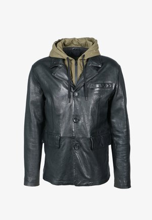 Zwarte leren jas met een gestructureerd ontwerp, voorzien van een groene capuchon en trekkoorden, sluiting met knopen aan de voorzijde en twee zijzakken.