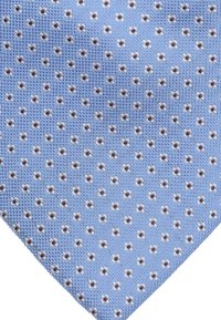 Blauwe gestreepte stropdas met kleine witte en bruine bloemmotieven op een gestructureerde stof met een ruitweefsel.