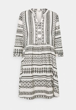 Black and white patterned dress with a v-neck, three-quarter sleeves, and gathered waist. Features geometric designs and horizontal stripes.