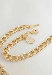 Kuldne kett, millel on suured, läikivad lingid, koos lõheklambriga ja dekoratiivse ripatsiga. Lisab detailide rõhutamiseks võtme aktsendi.