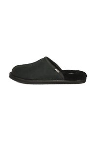 Zapatillas de ante negro sin cordones con un suave forro de piel, punta redondeada y suela negra duradera. Presentan un diseño minimalista sin adornos.