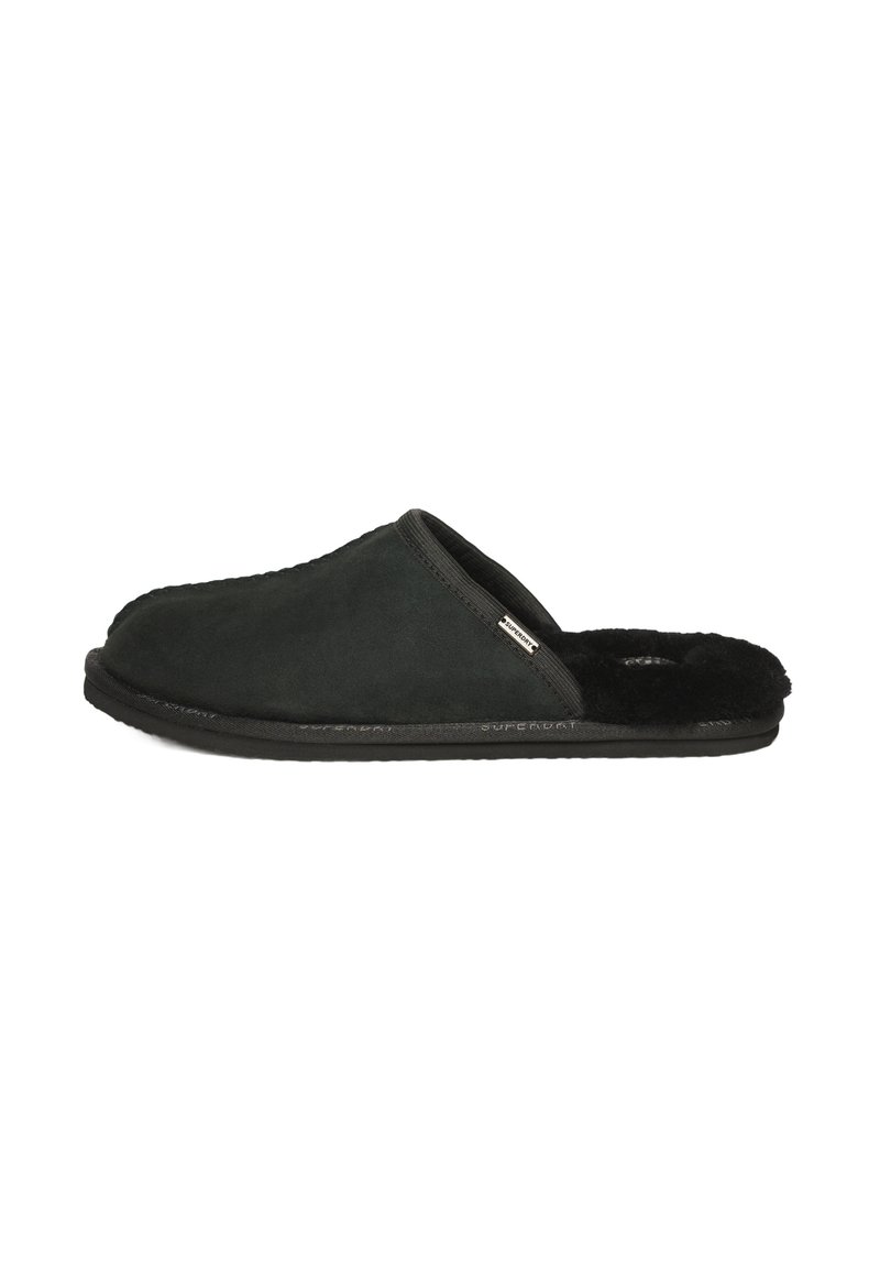 Zapatillas de ante negro sin cordones con un suave forro de piel, punta redondeada y suela negra duradera. Presentan un diseño minimalista sin adornos.