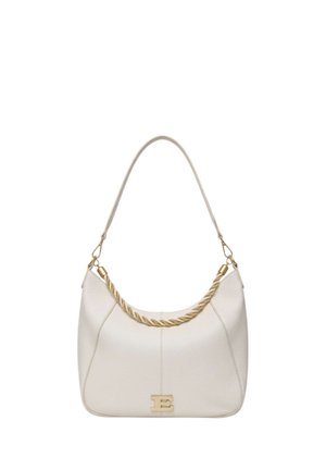 Borsa a tracolla in pelle bianca con una forma curva, dettaglio in corda dorata sulla parte superiore, tracolla staccabile e logo "E" dorato al centro frontale.