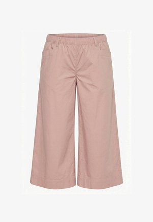 Pantalones amplios de pierna ancha en color rosa claro, de corte corto, con cintura elástica, trabillas para cinturón y bolsillos laterales, confeccionados con tela ligera.