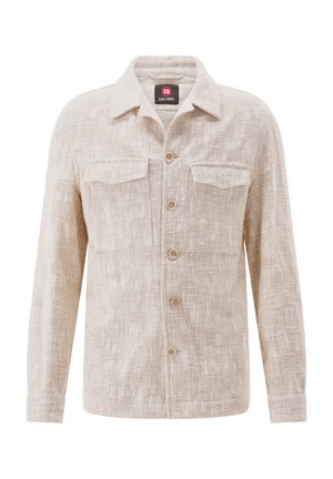 Beige textured long-sleeve shirt jacket with collar, five front buttons, and two chest flap pockets.