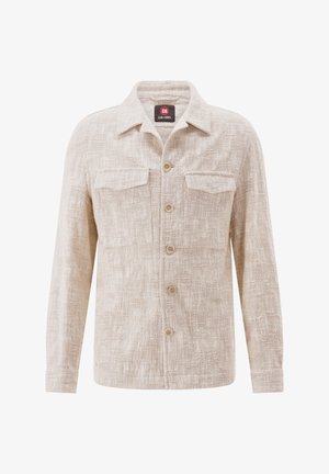 Beige, strukturierte Hemdjacke mit langen Ärmeln, Kragen, fünf Knöpfen vorne und zwei Brustklappentaschen.