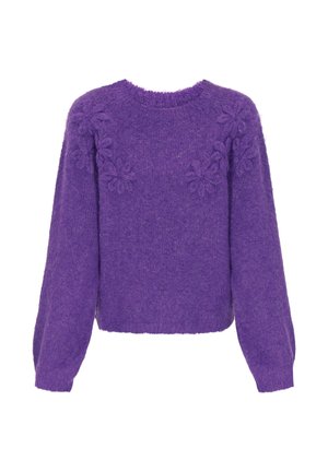 Lila gestrickter Pullover mit runder Ausschnitt, langen Ärmeln und floralem Stickerei auf der Vorderseite. Weicher Stoff, gekürztes Design.