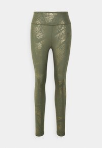 Leggings verde oliva con un motivo astratto dorato lucido. Design a vita alta, texture liscia e vestibilità aderente lungo le gambe.