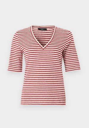 Chemise à manches courtes avec des rayures horizontales rouges et blanches et un col en V, présentée sur un fond blanc.