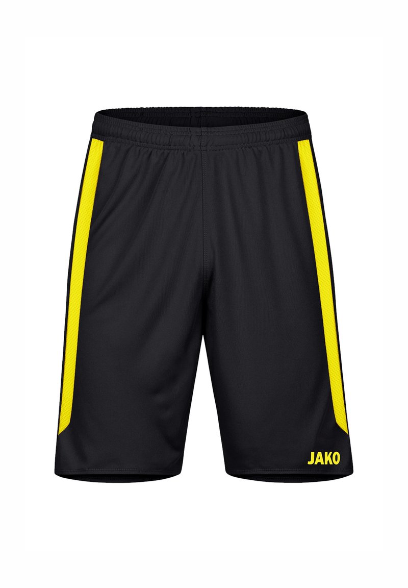Schwarze Sportshorts mit gelben Mesh-Seiteneinsätzen, elastischem Bund und einem aufgedruckten Logo am unteren rechten Frontbereich. Leichtes Material.