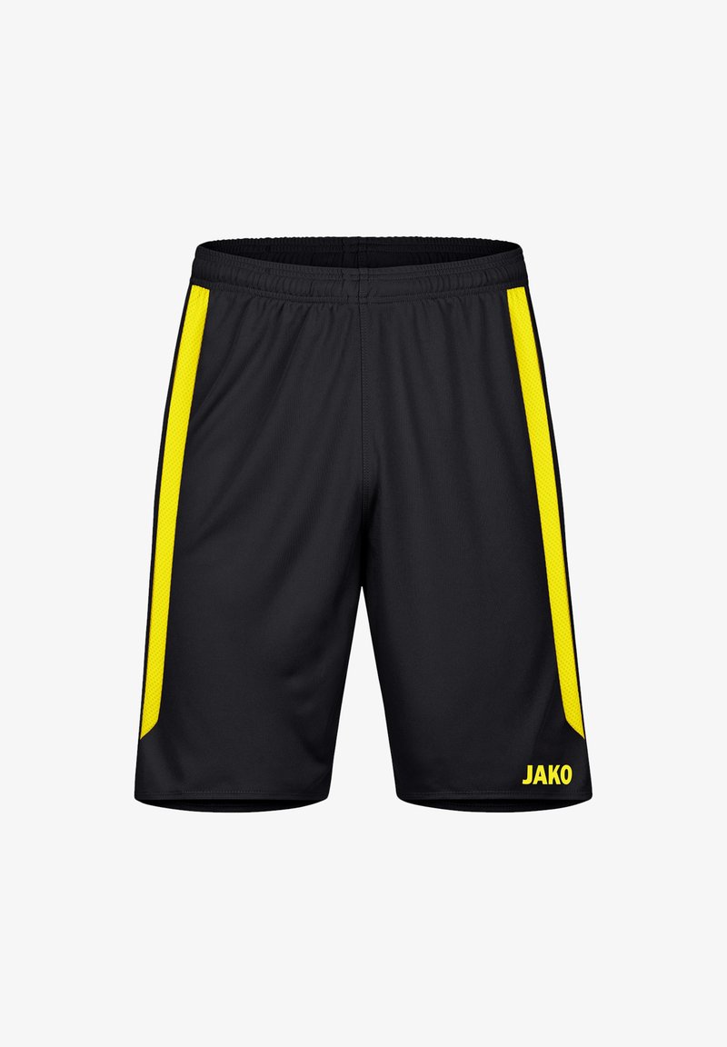 Schwarze Sportshorts mit gelben Mesh-Seiteneinsätzen, elastischem Bund und einem aufgedruckten Logo am unteren rechten Frontbereich. Leichtes Material.