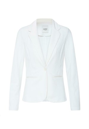 Valge naiste kohandatud bleiser ühe nupuga sulgemiseks, sälguga krae, pikkade varrukatega ja kahe eesmise sisseõmmeldud taskuga.