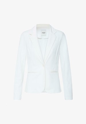 Blazer blanc pour femmes, coupe ajustée, avec fermeture par un seul bouton, revers crantés, manches longues et deux poches passepoilées à l'avant.