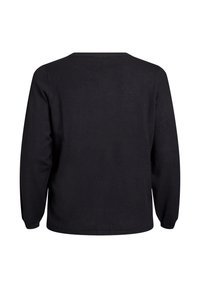 Crna dukserica, dugih rukava, okrugli izrez, mekan na dodir, jednobojna, rebrasti manžeti i donji rub, minimalistički dizajn bez ukrasa.