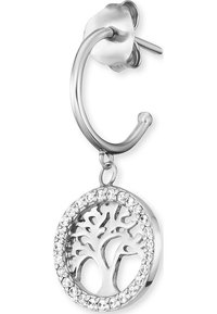 Silverfärgad hoop-örhänge med en cirkulär livets träd-pendant, omgiven av små klara kristaller. Slät textur med polerad yta.