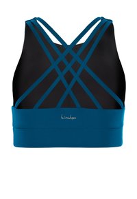 Black sports bra with teal crisscross straps and wide teal band at the bottom, featuring subtle "Winshape" logo on the back.