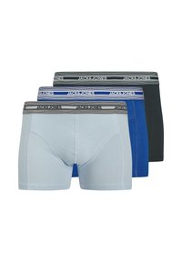 Trois paires de boxers : bleu clair, bleu foncé et noir. Chacune a une ceinture élastique grise avec "JACK & JONES" imprimé en noir. Tissu en coton doux.