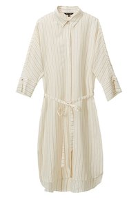 Beżowa sukienka w paski z zapięciem na guziki z przodu, podwijanymi rękawami i paskiem w talii. Wykonana z lekkiej tkaniny o miękkiej fakturze.