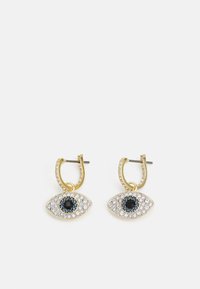 Zelta gredzenu auskari ar acs formas piekariem, kuru centrā ir melns akmens, ap kuru ir skaidri un zili rhinestones.