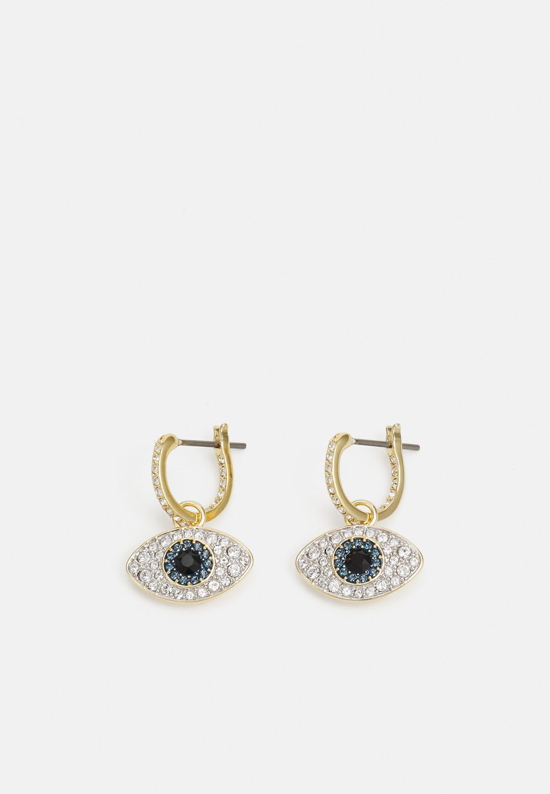 Zelta gredzenu auskari ar acs formas piekariem, kuru centrā ir melns akmens, ap kuru ir skaidri un zili rhinestones.