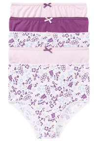 Confezione di cinque mutande in tonalità di rosa e viola, caratterizzate da motivi floreali, morbido cotone e fiocchetti decorativi in vita.