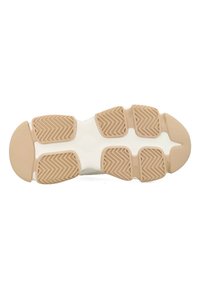 Suela de zapato con un caucho beige texturizado, que presenta un patrón de agarre ondulado y una sección central blanca lisa; área del dedo del pie redondeada.