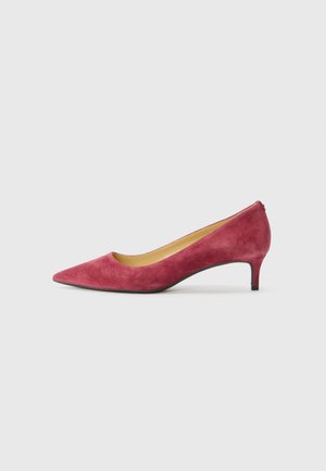 Décolleté a punta in suede rosa scuro, con tacco basso e una fodera interna liscia. Finitura testurizzata con un design semplice.
