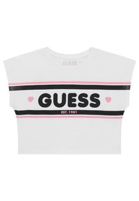 White cropped t-shirt made of organic cotton, featuring a black and pink striped design with "GUESS" and "EST. 1981" text in bold print.