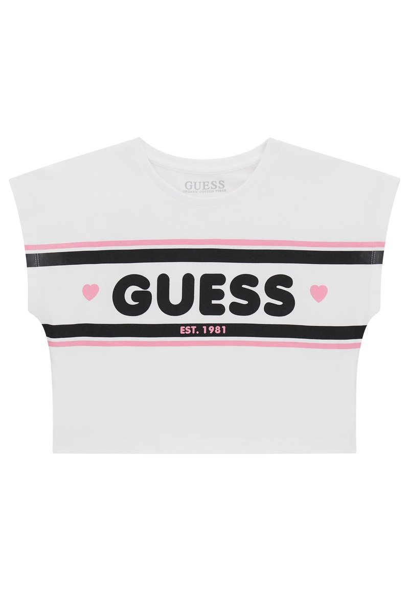 White cropped t-shirt made of organic cotton, featuring a black and pink striped design with "GUESS" and "EST. 1981" text in bold print.